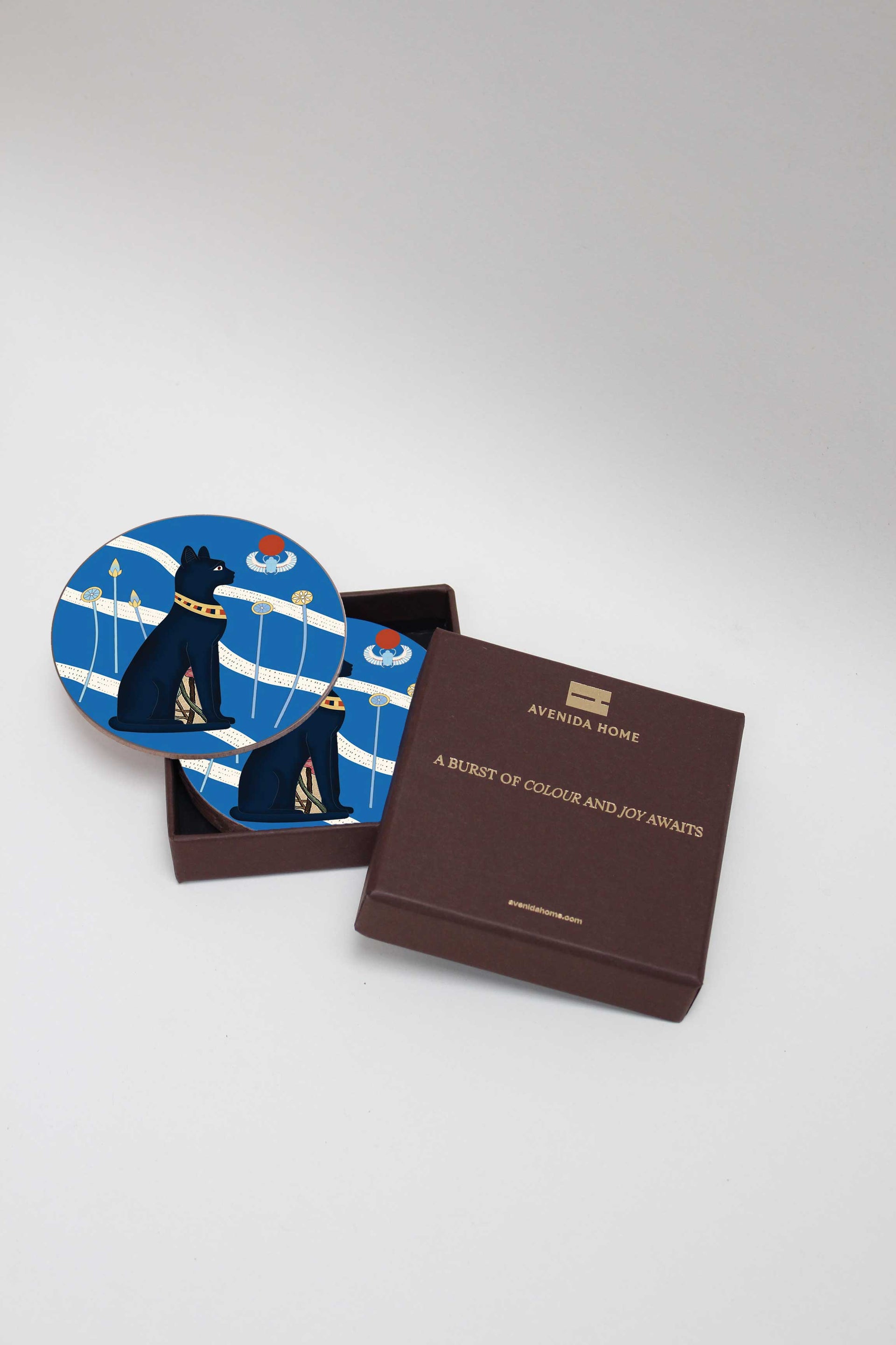 Egyptian Sun Cat Blue Set of 4 Coasters