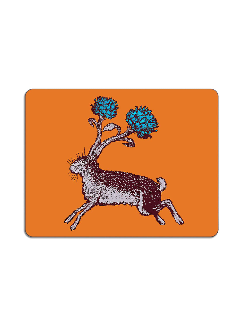 Avenida Puddinhead hare floral illustrated rectangular placemat on burnt orange background decorative animal table mat