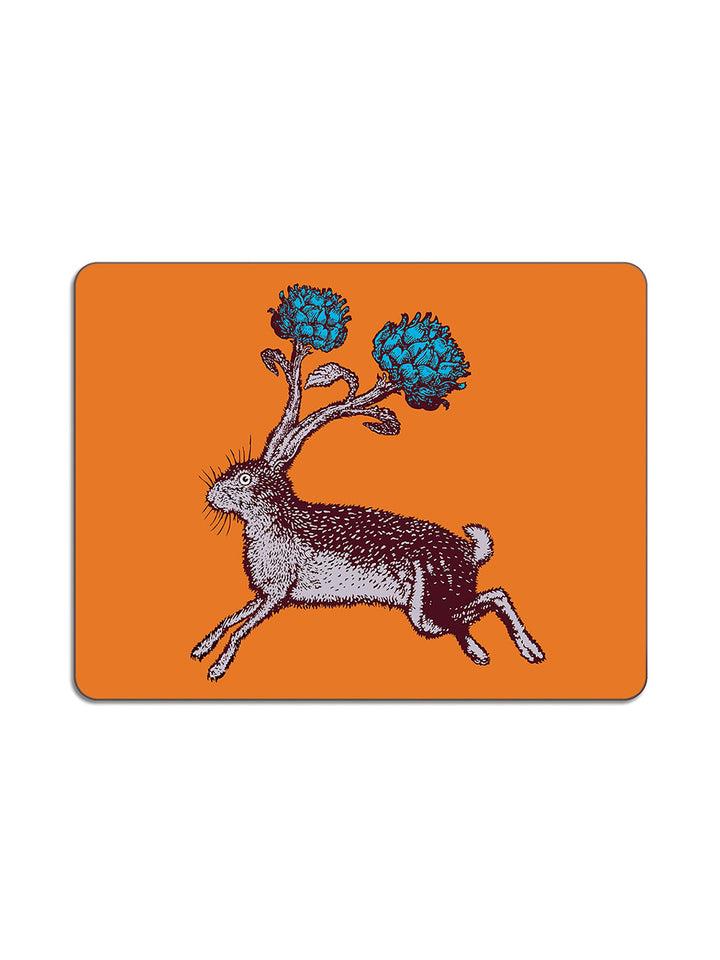 Avenida Puddinhead hare floral illustrated rectangular placemat on burnt orange background decorative animal table mat
