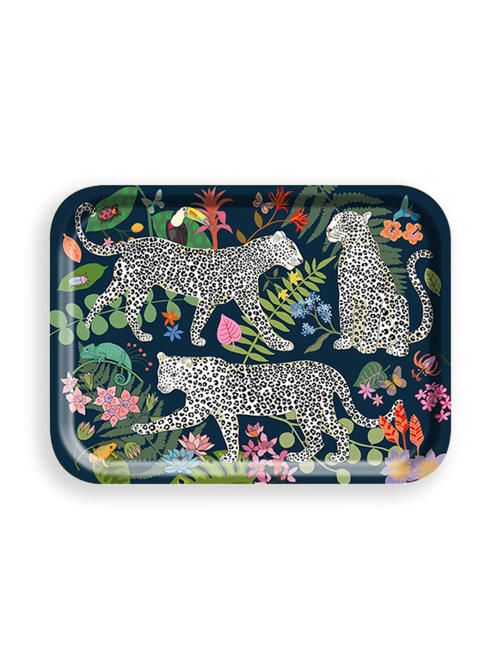 Leopard Blue Rectangular Birchwood Tray from Avenida Home with artwork by Karen Mabon