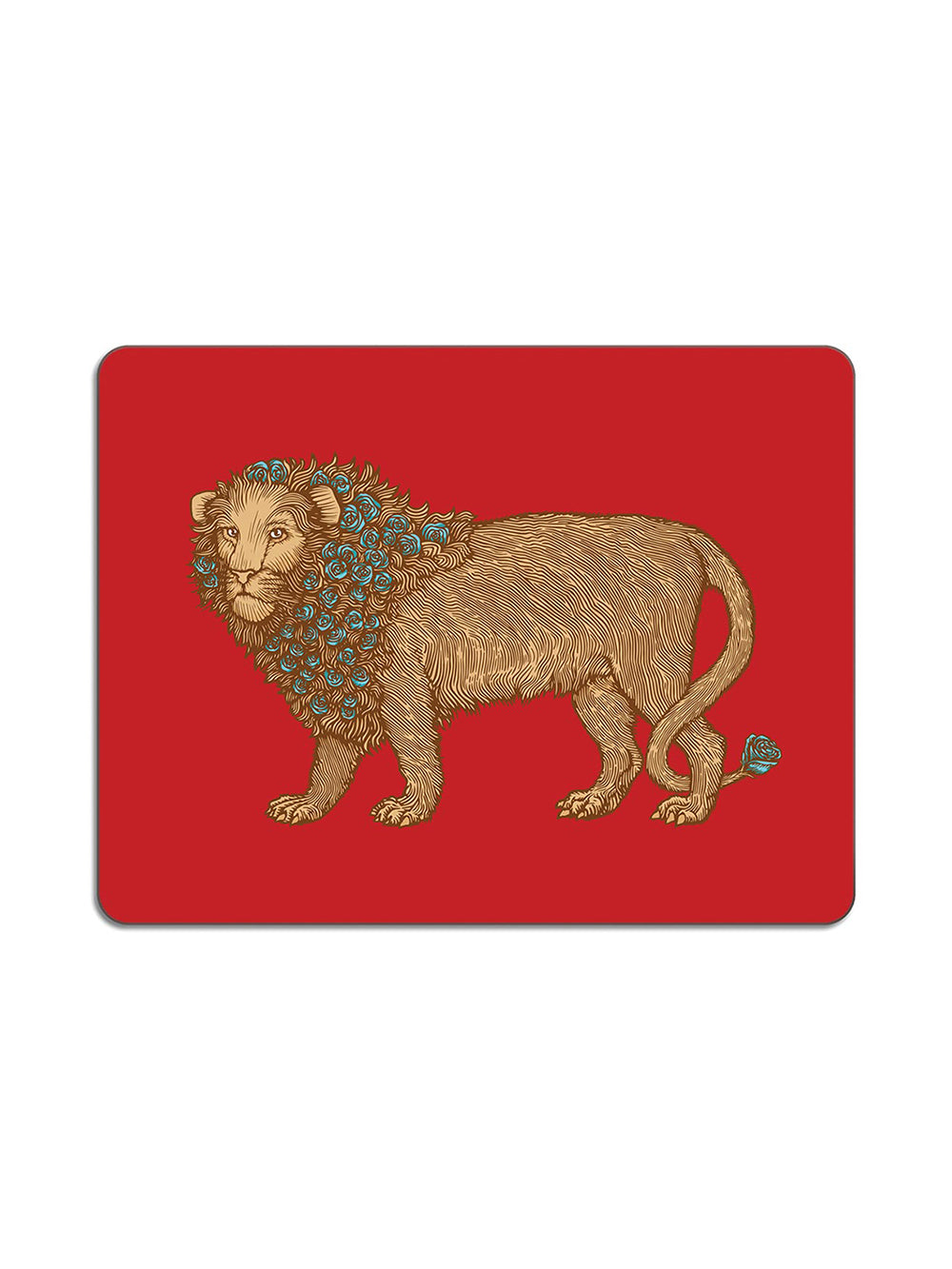 Avenida Puddinhead lion floral illustrated rectangular placemat on bold ruby red background decorative animal table mat