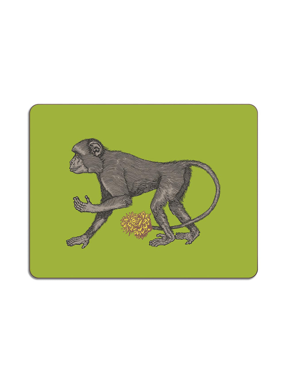 Avenida Puddinhead monkey floral illustrated rectangular placemat on vibrant lime green background decorative animal table mat