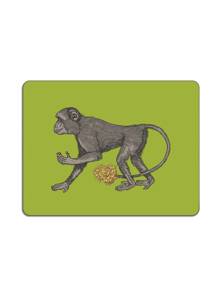 Avenida Puddinhead monkey floral illustrated rectangular placemat on vibrant lime green background decorative animal table mat