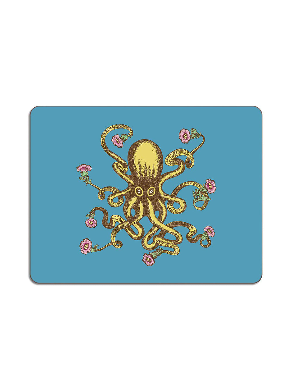Avenida Puddinhead octopus floral illustrated rectangular placemat on bright turquoise background decorative animal table mat