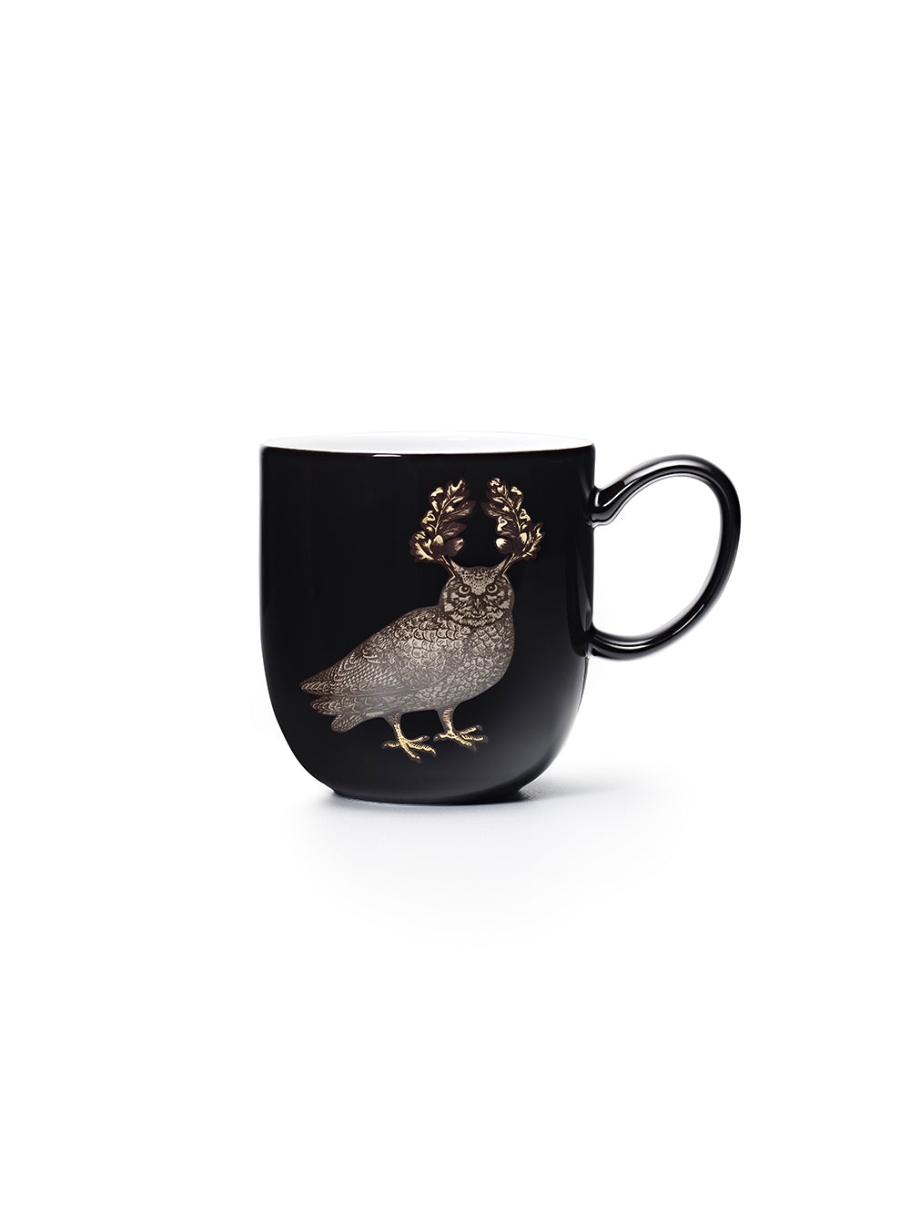 Avenida Home owl porcelain mug floral illustration deep midnight black Puddinhead Animal Collection