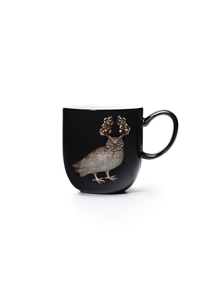 Avenida Home owl porcelain mug floral illustration deep midnight black Puddinhead Animal Collection