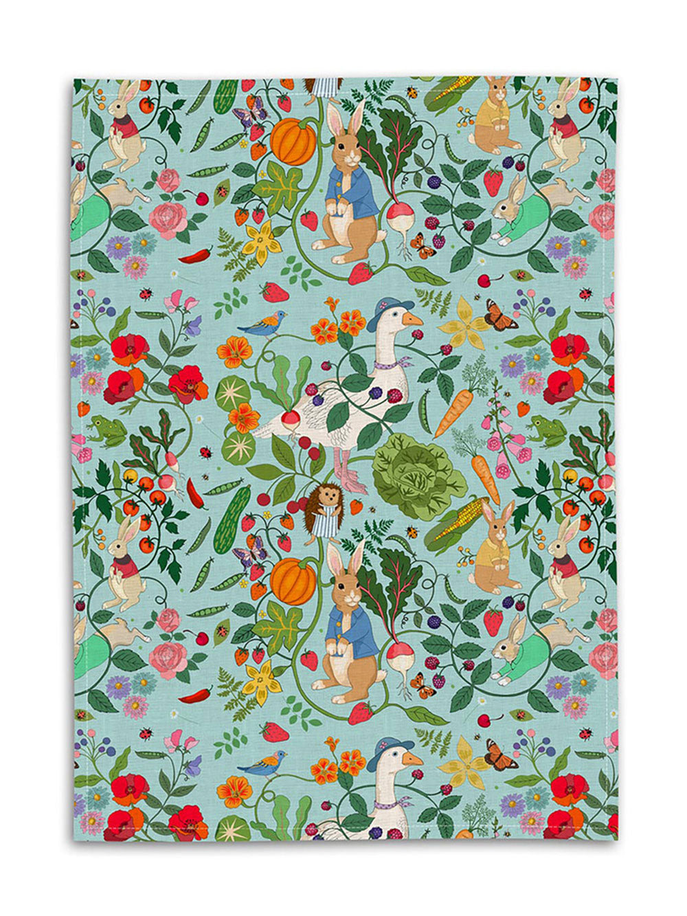 Peter Rabbit Aqua Linen Tea Towel from Avenida Home with artwork by Karen Mabon
