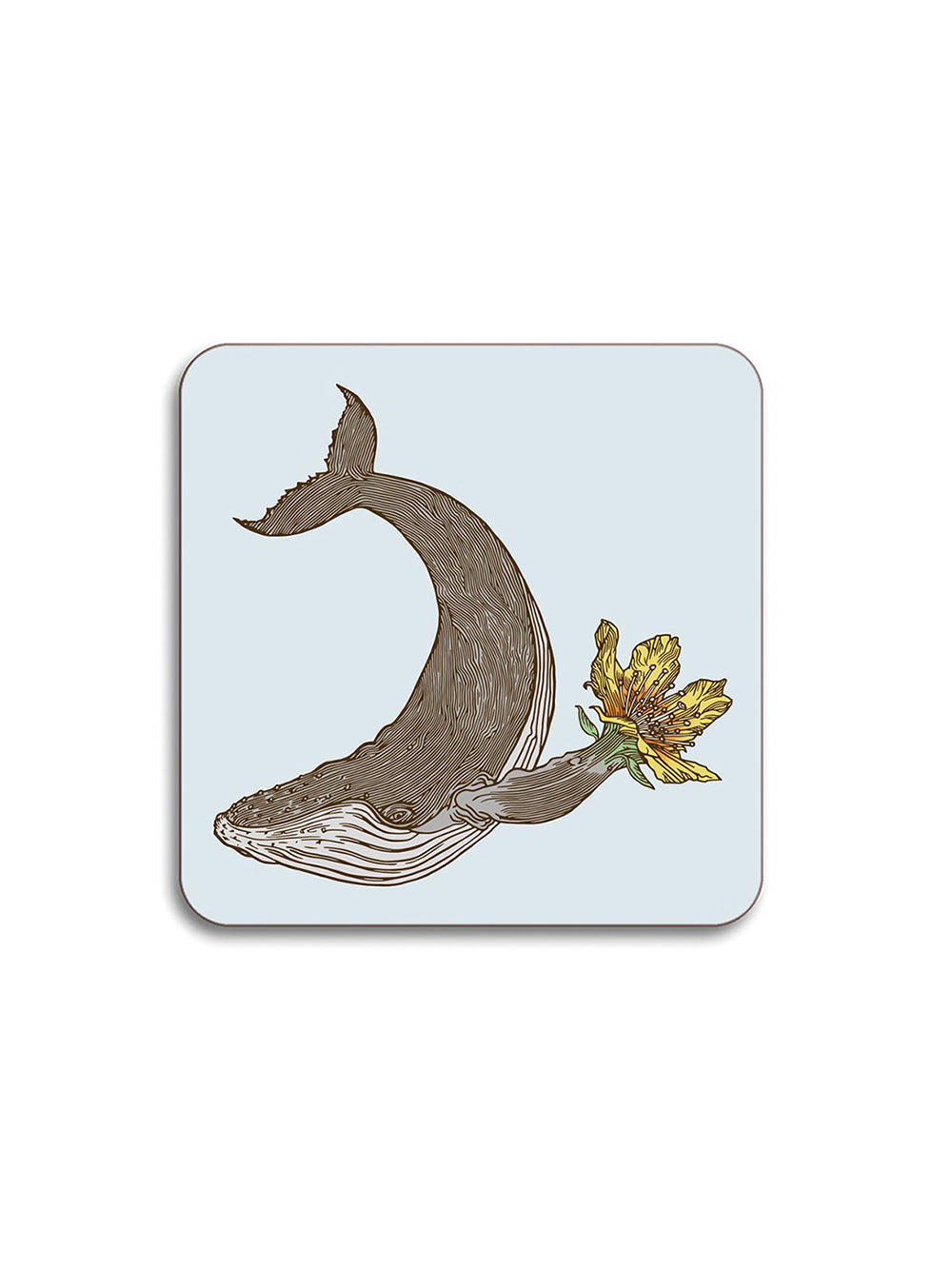 Avenida Puddinhead whale floral illustrated coaster on pale sky blue background decorative animal table coaster